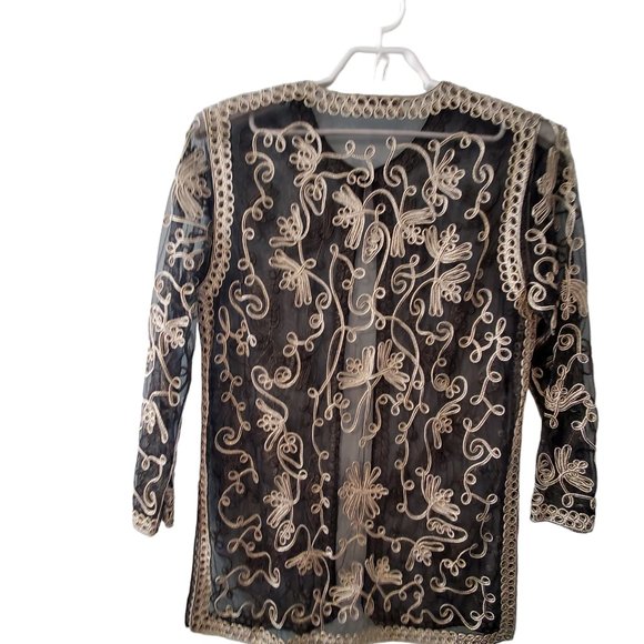 Sophie Chang Studio kimono top womens 1X ? black gold applique mesh Holi… - Picture 2 of 5